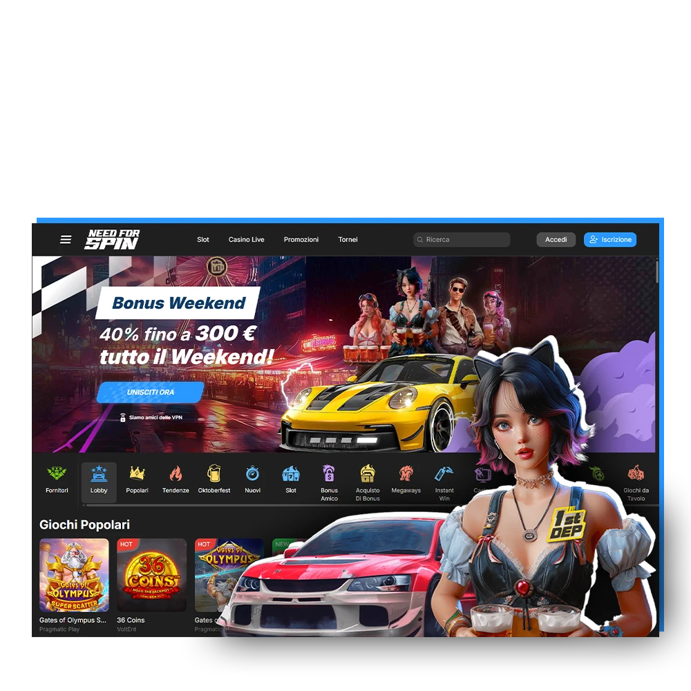 Homepage Need for Spin Italy con banner bonus 100% fino a €500, casinò, scommesse live ed eSports, icone pagamenti e Bitcoin