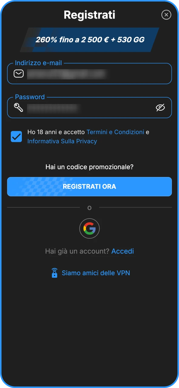 Completa la registrazione a Need for Spin con la tua email e password.