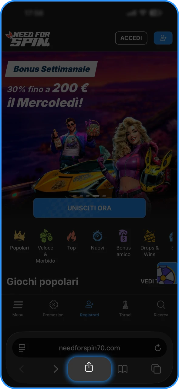 Tocca l'icona Condividi per aprire le opzioni della pagina Need for Spin.