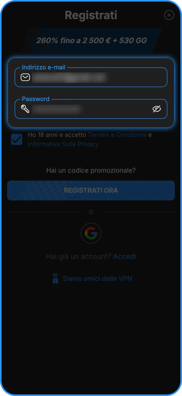 Inserisci le tue credenziali per creare un account su Need for Spin.