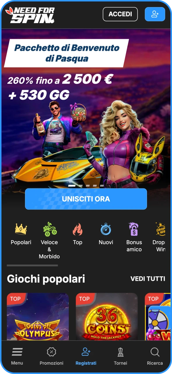 Visita la pagina principale della piattaforma ufficiale di Need for Spin.